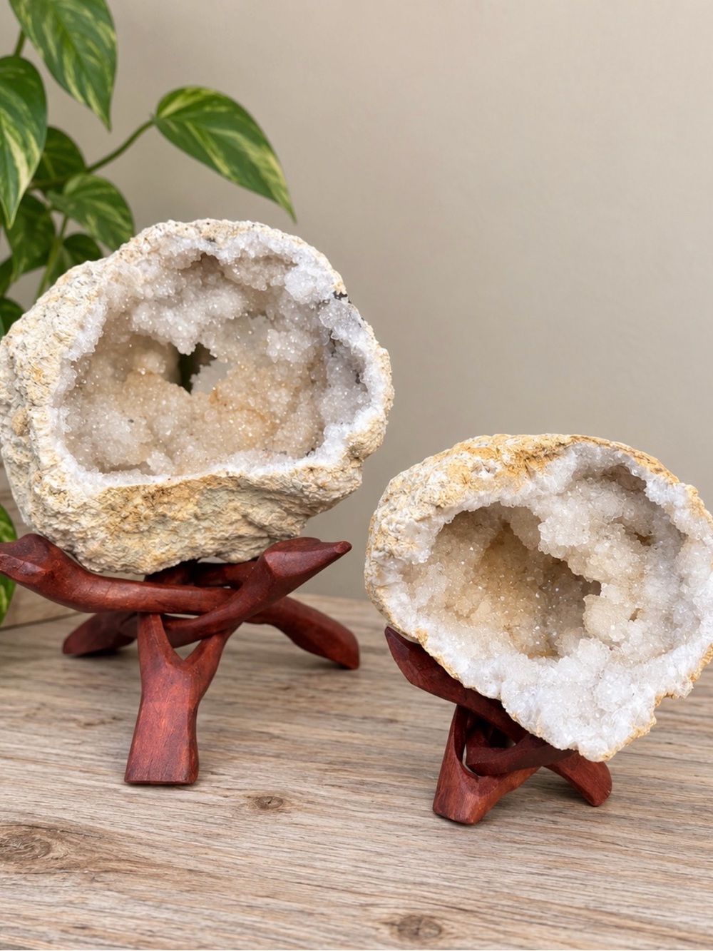 Natural Crystal Geodes Decorative Accents | Wooden Stands